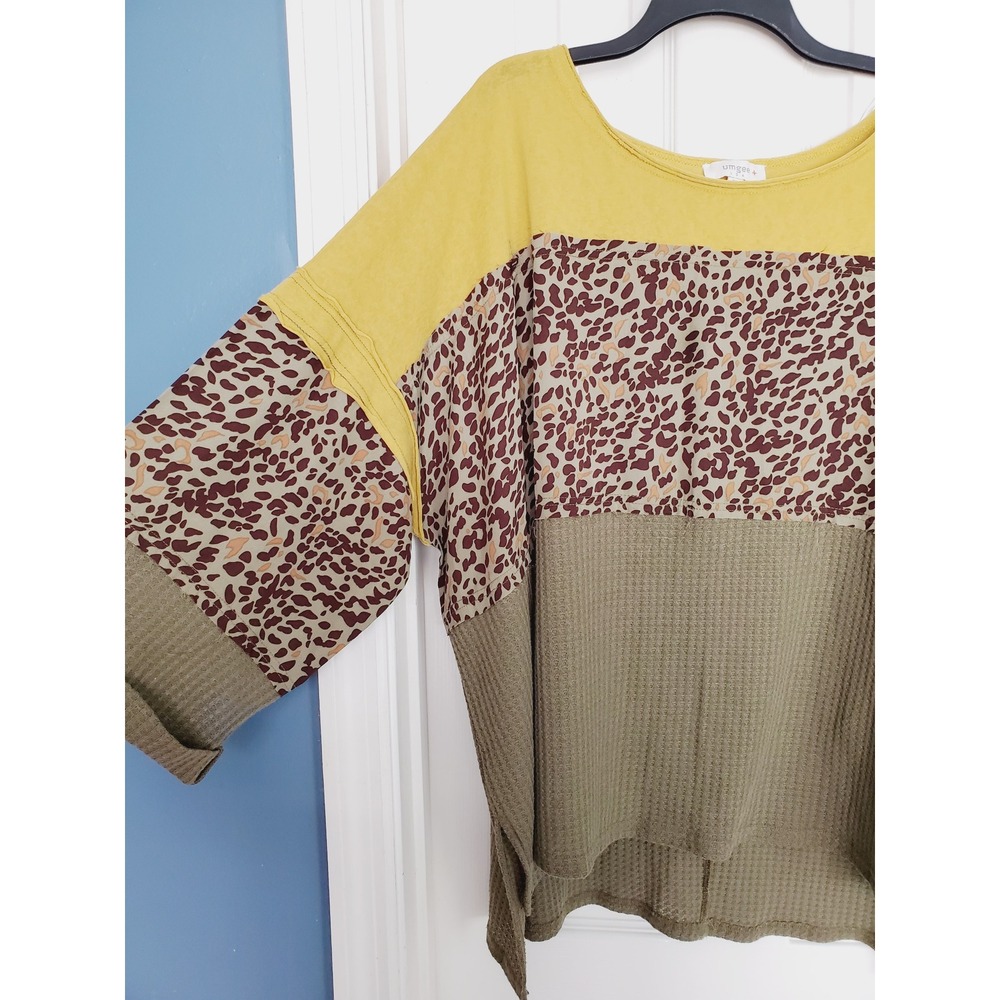 Umgee Colorblock Animal Print Top Yellow Green Waffle Knit Mixed Media Boho 2XL - Picture 3 of 8